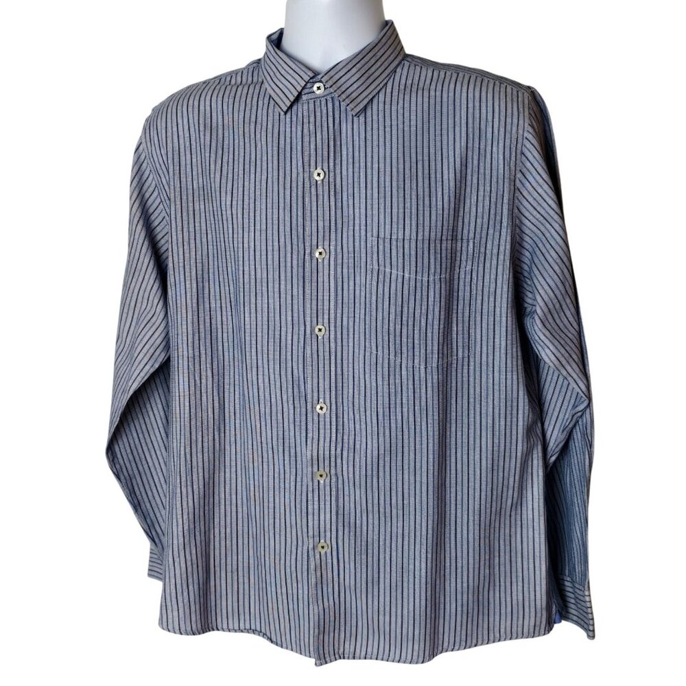 VTG Van Hauser Button Down Shirt 16-16.5 Blue Slim Fit Lng Slv Striped Casual